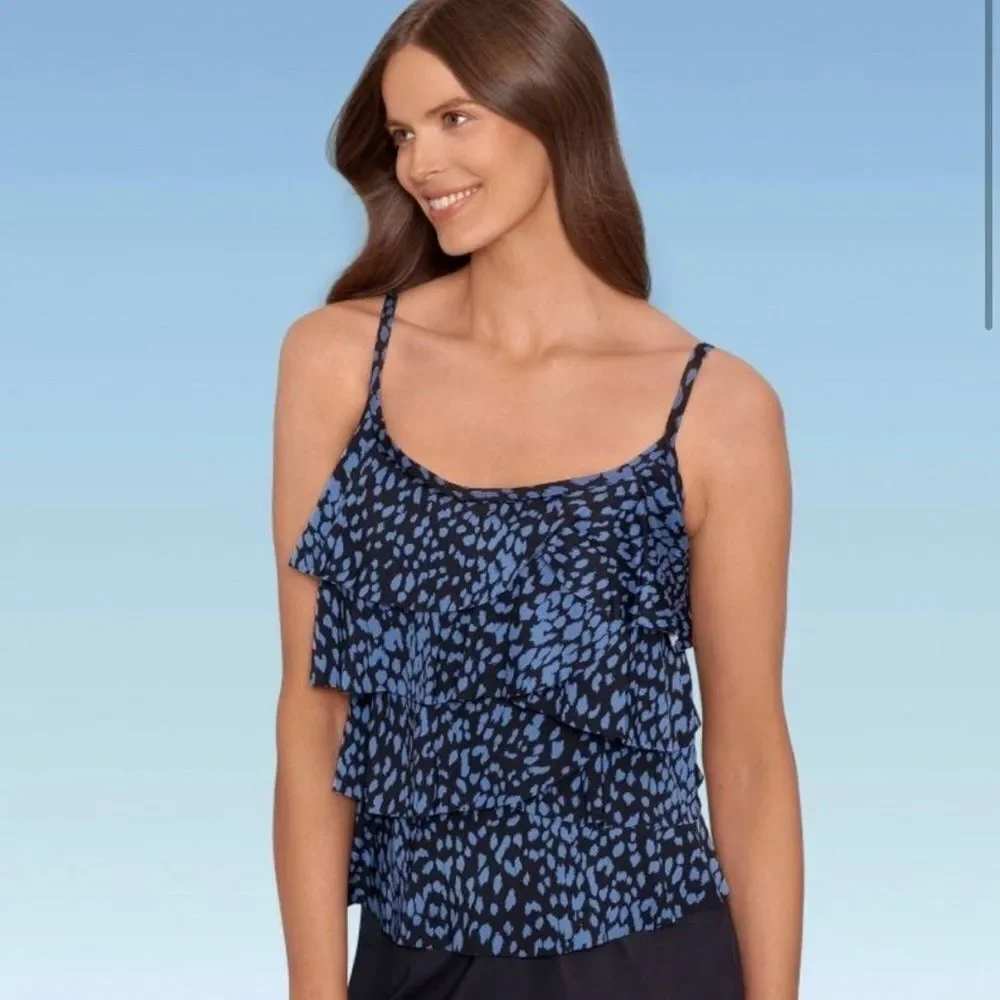 Miraclesuit Dreamsuit Slimming Control Tiered Tankini Top Blue Leopard- Size 10